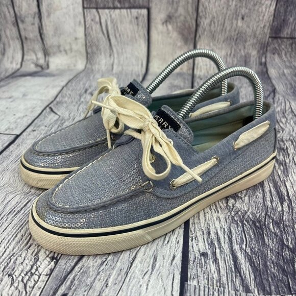 Sperry Bahama 2 Eye Boat Shoes Women's size 6 Slip On Sneaker Blue Sequins Shiny - Picture 5 of 11